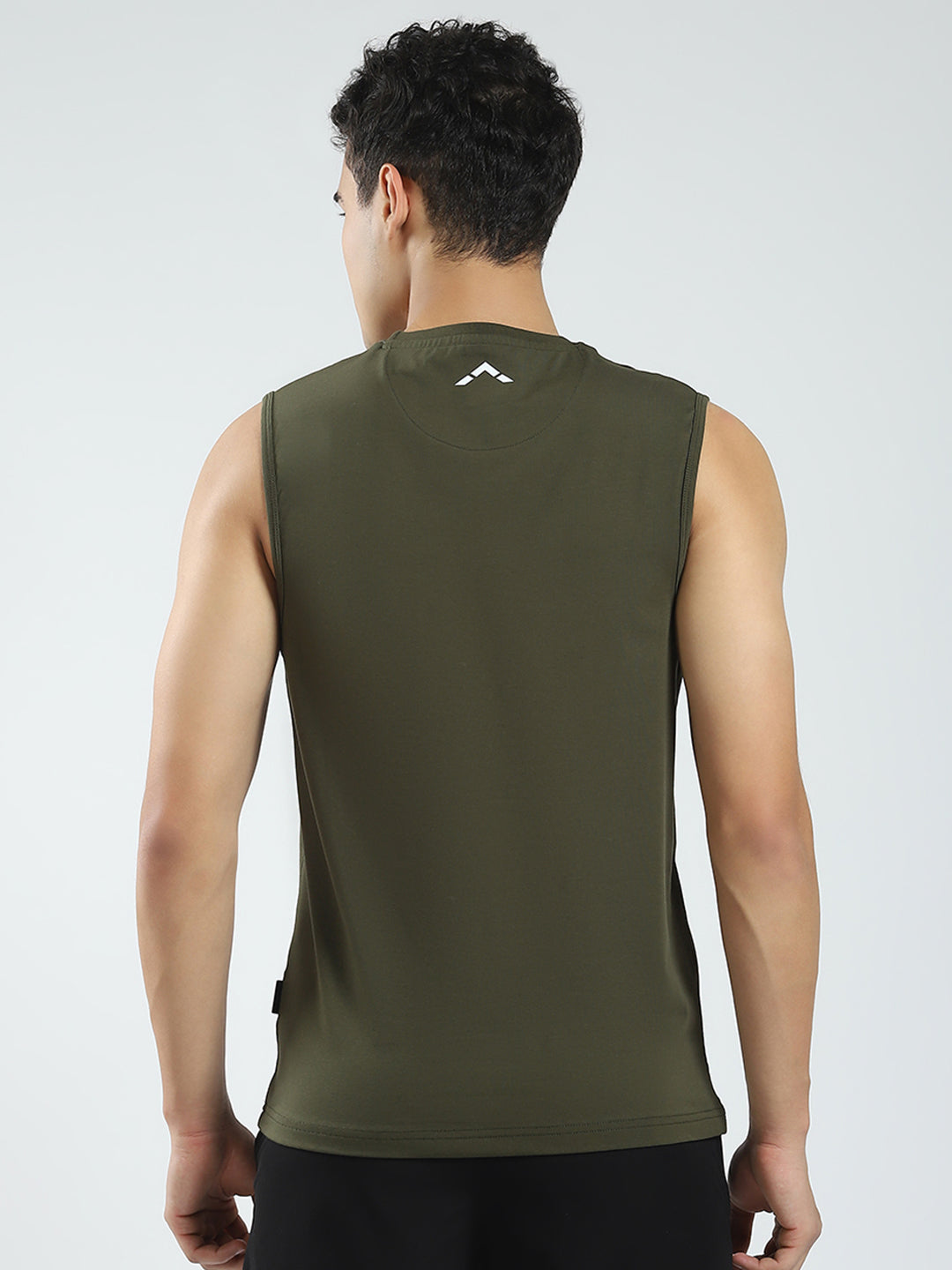 Men Olive Solid Round Neck Sleeveless T-Shirt