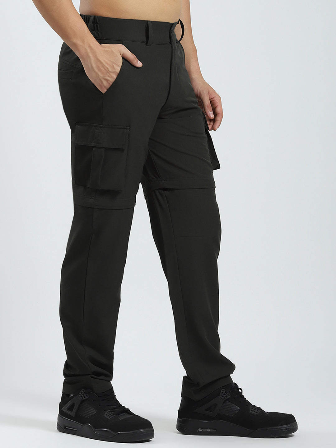 Men Olive Solid Regular Fit Cargo