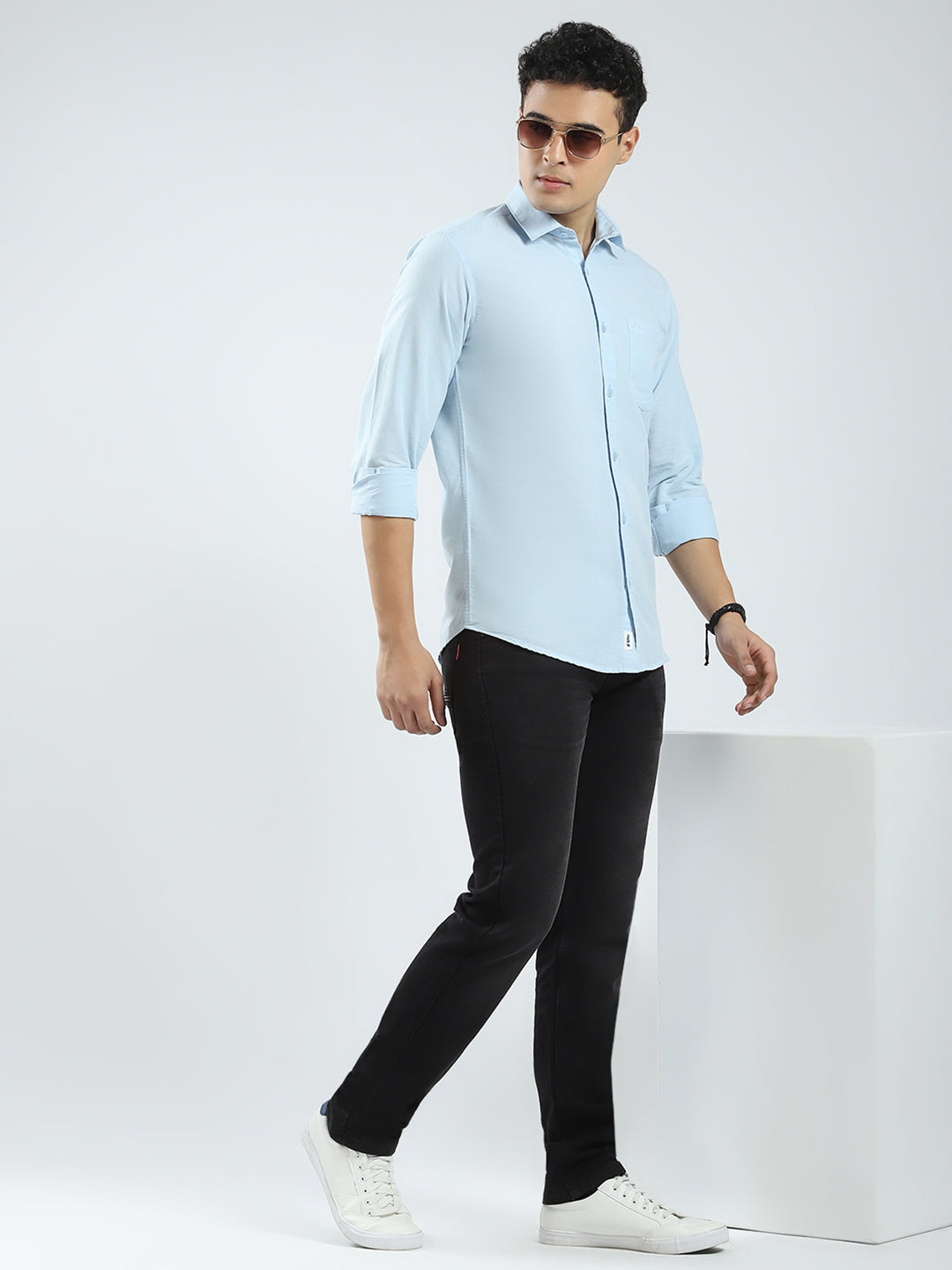 Men Blue Solid Collar Full Sleeve Shirt