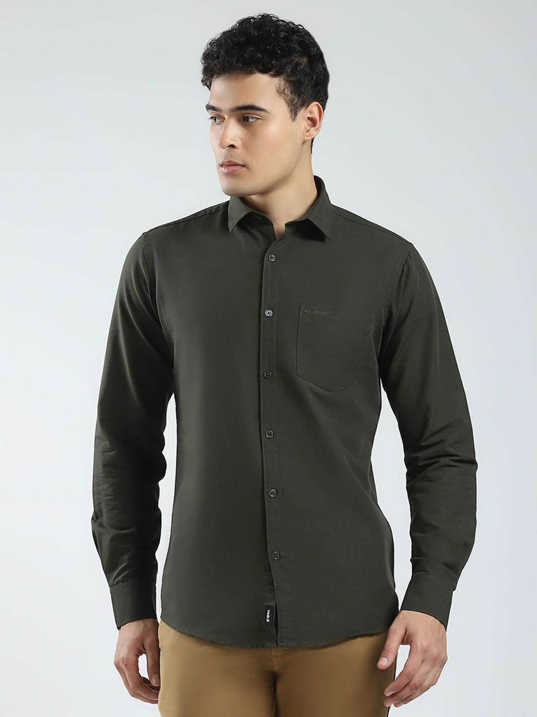 Men Olive Solid Collar Full Sleeve Shirt