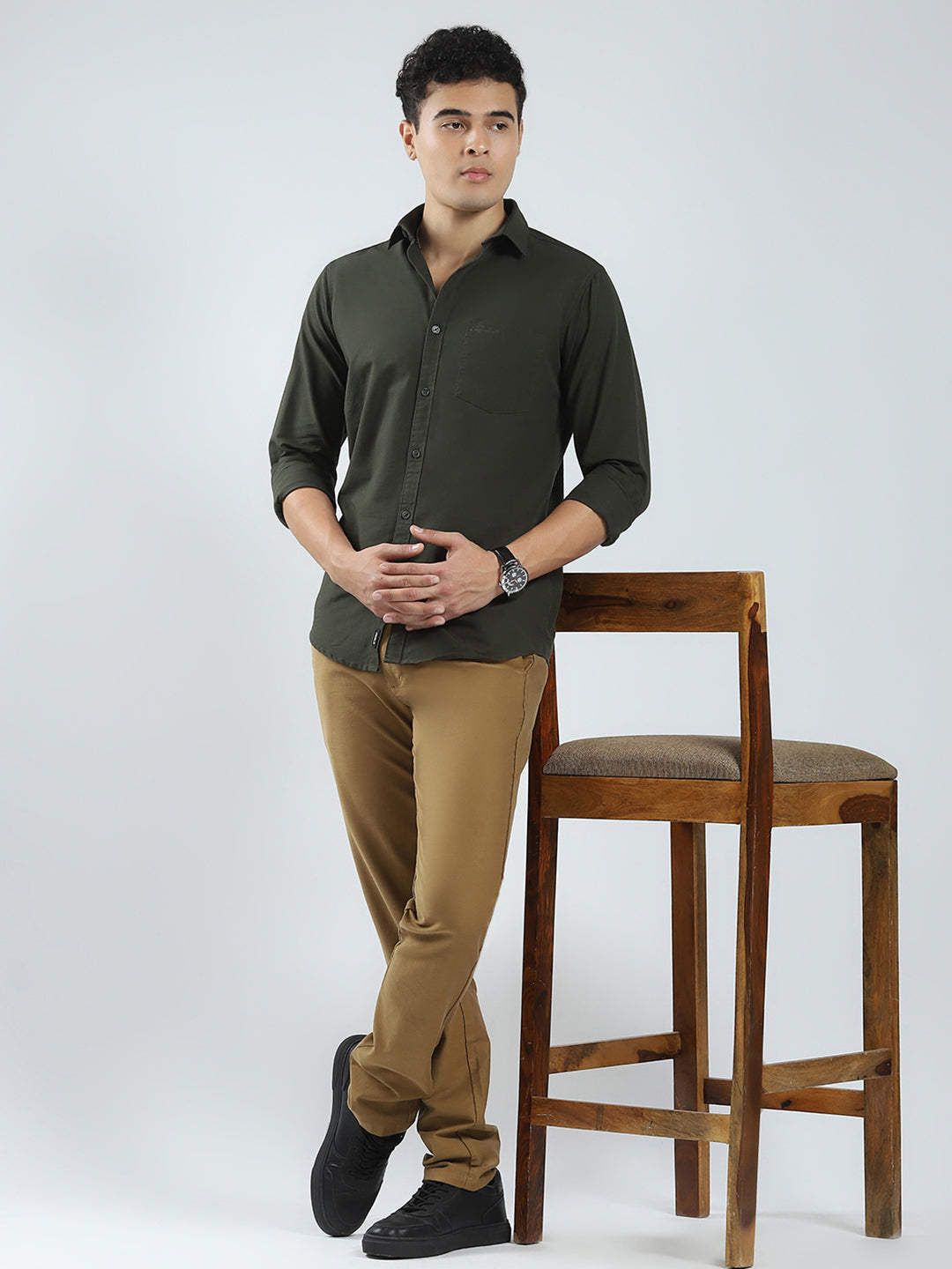 Men Olive Solid Collar Full Sleeve Shirt