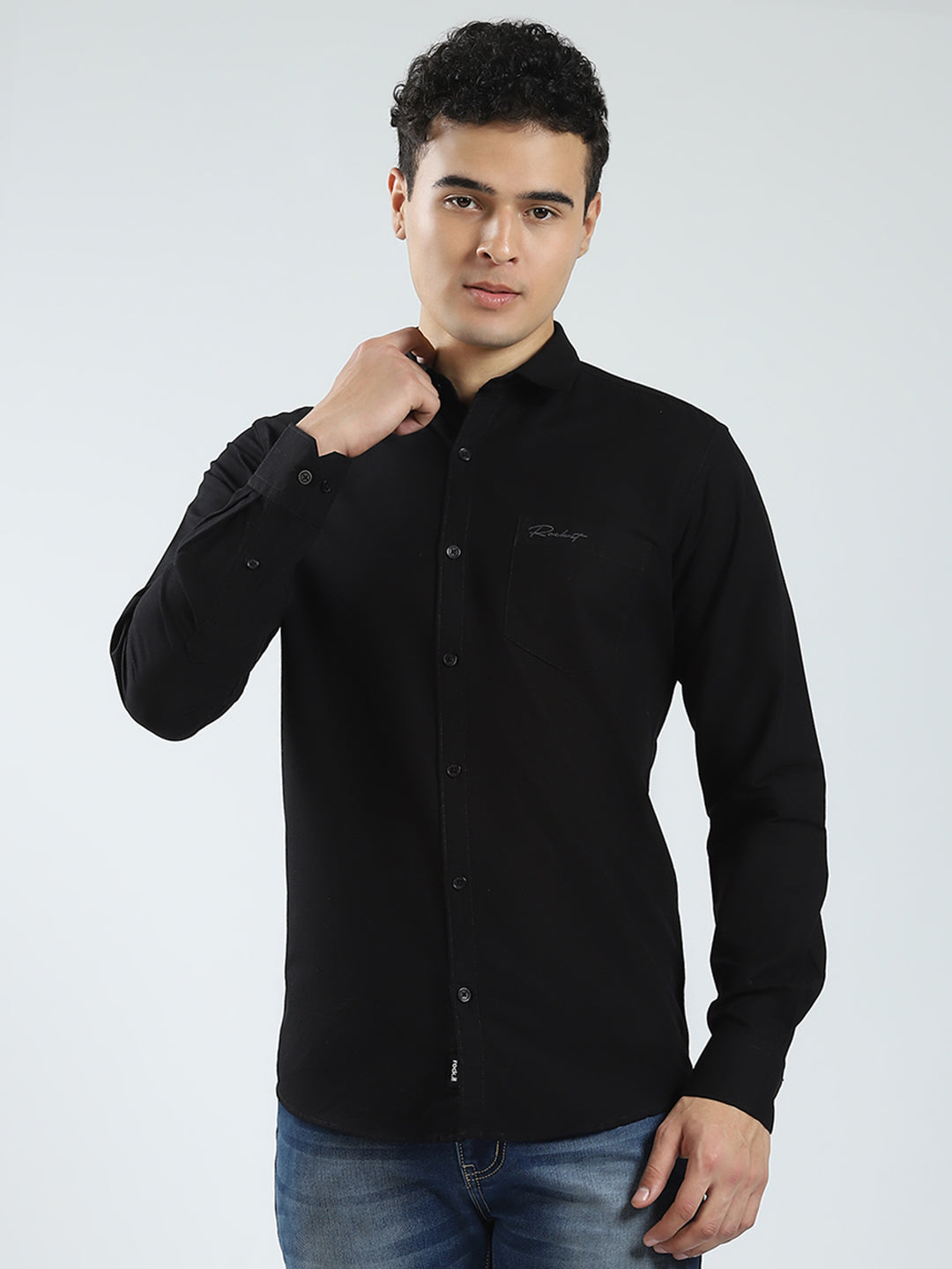 Men Black Solid Collar Full Sleeve Shirt