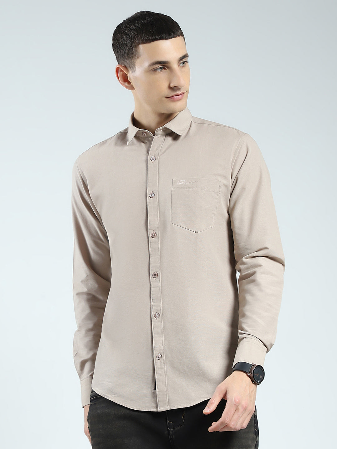 Rock.it Men Beige Solid Collar Full Sleeve Shirt