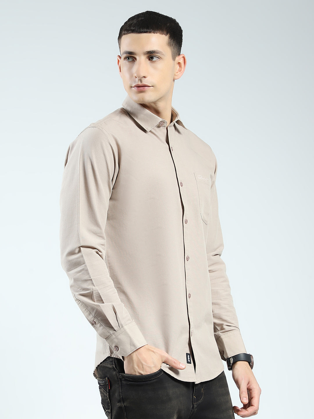 Rock.it Men Beige Solid Collar Full Sleeve Shirt