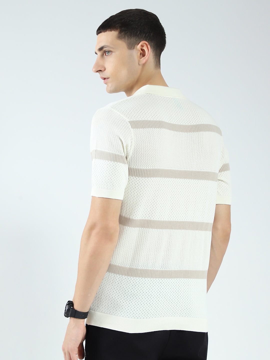 Men Off White Stripe Collar Half Sleeve T-Shirt