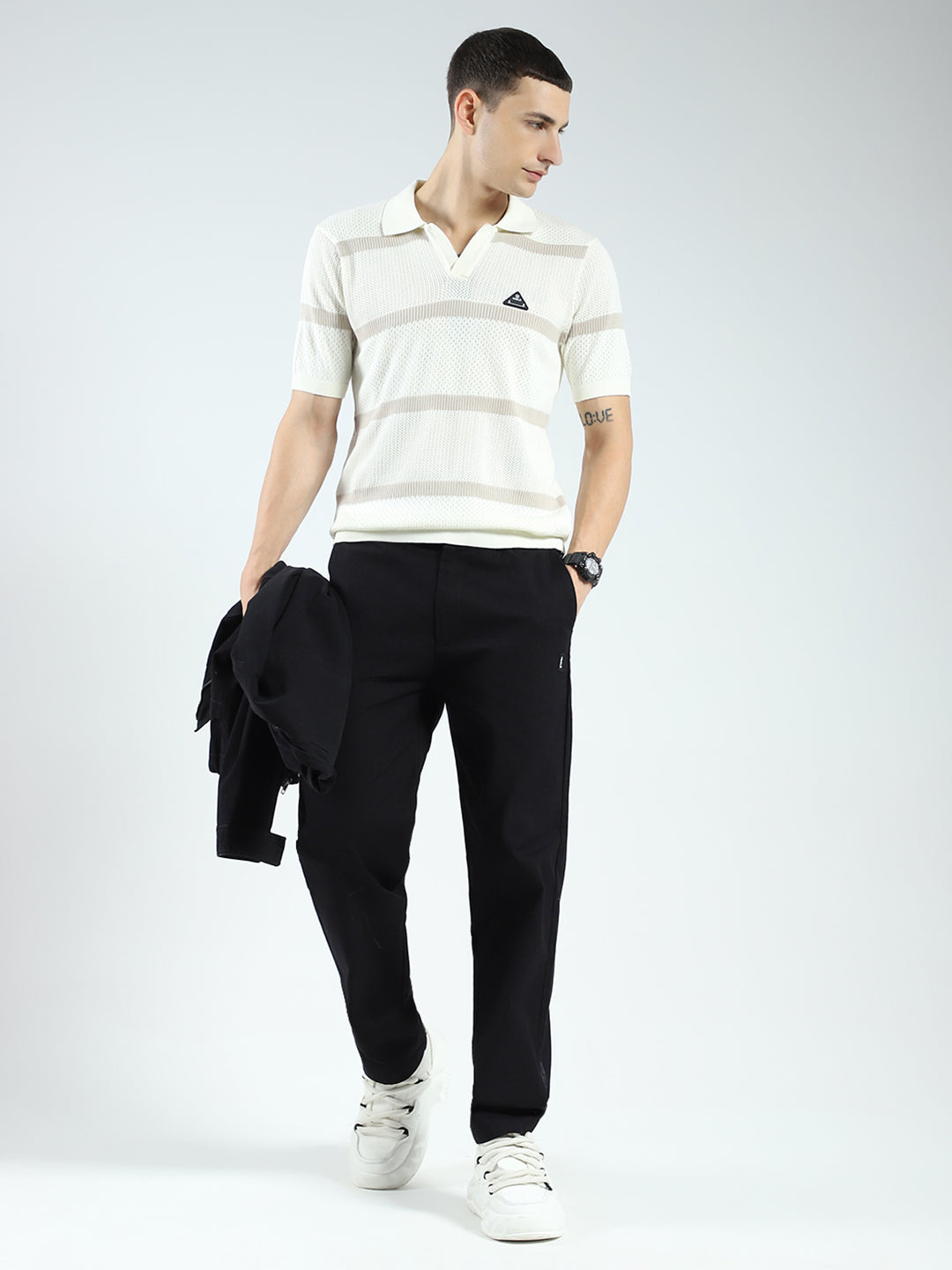 Men Off White Stripe Collar Half Sleeve T-Shirt