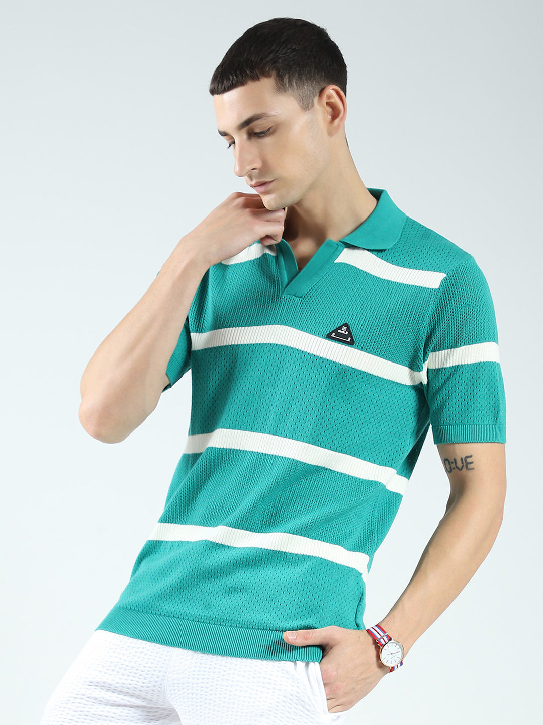 Rock.it Men Green Stripe Collar Half Sleeve T-Shirt