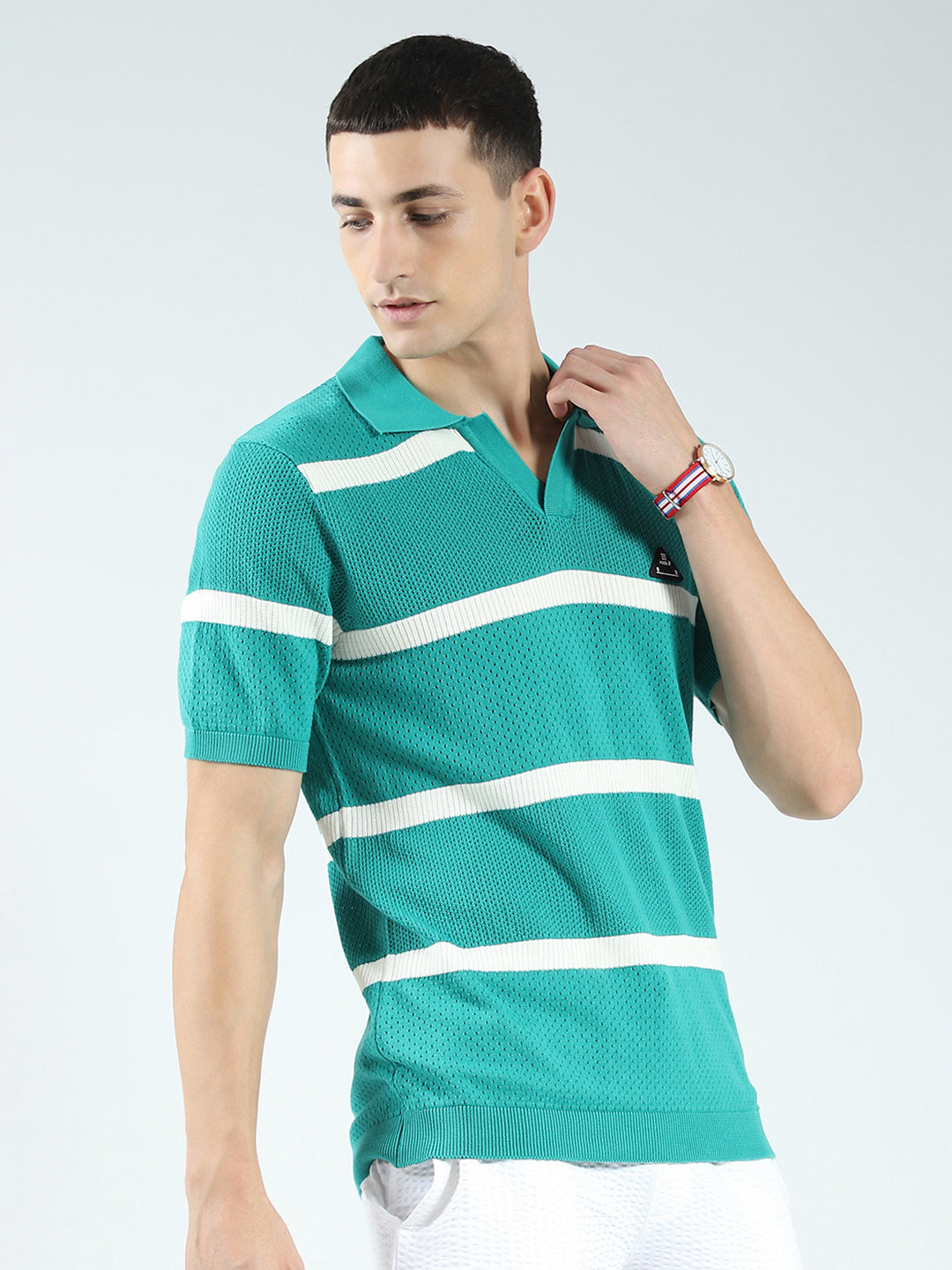 Rock.it Men Green Stripe Collar Half Sleeve T-Shirt