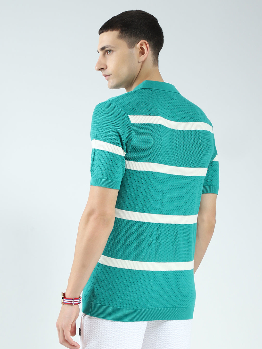 Rock.it Men Green Stripe Collar Half Sleeve T-Shirt
