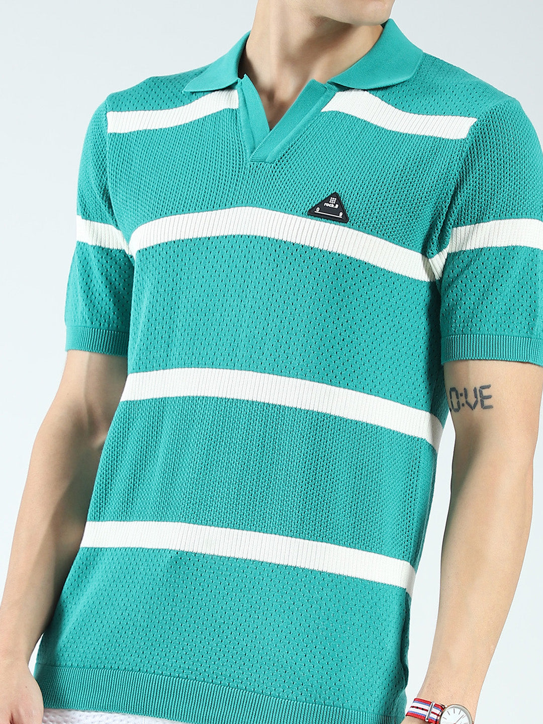 Rock.it Men Green Stripe Collar Half Sleeve T-Shirt