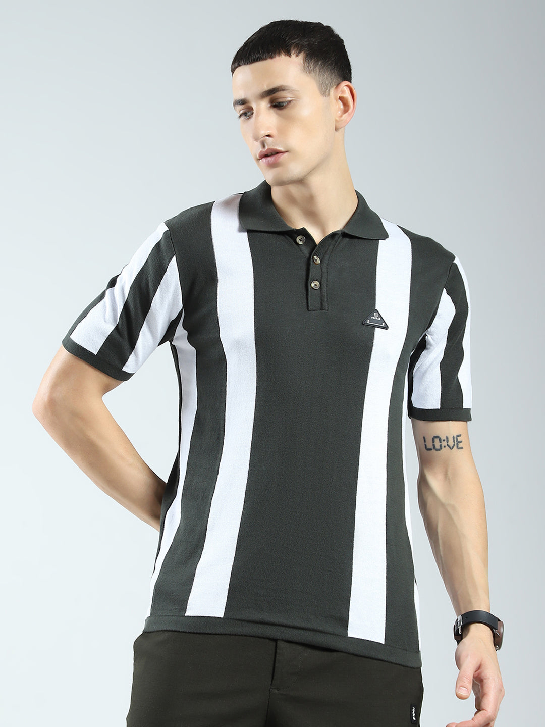 Men Olive Stripe Collar Half Sleeve T-Shirt