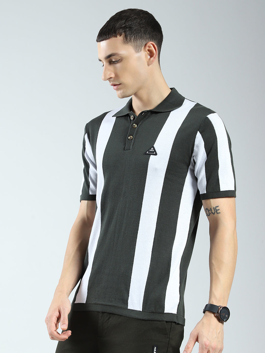 Men Olive Stripe Collar Half Sleeve T-Shirt
