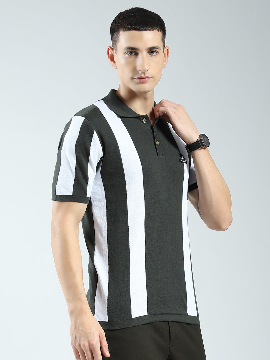 Men Olive Stripe Collar Half Sleeve T-Shirt
