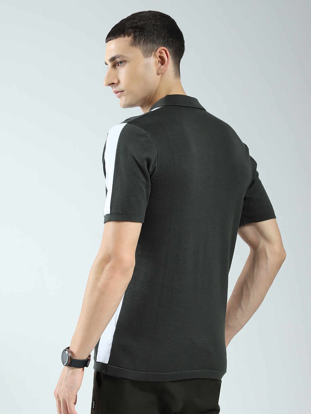 Men Olive Stripe Collar Half Sleeve T-Shirt