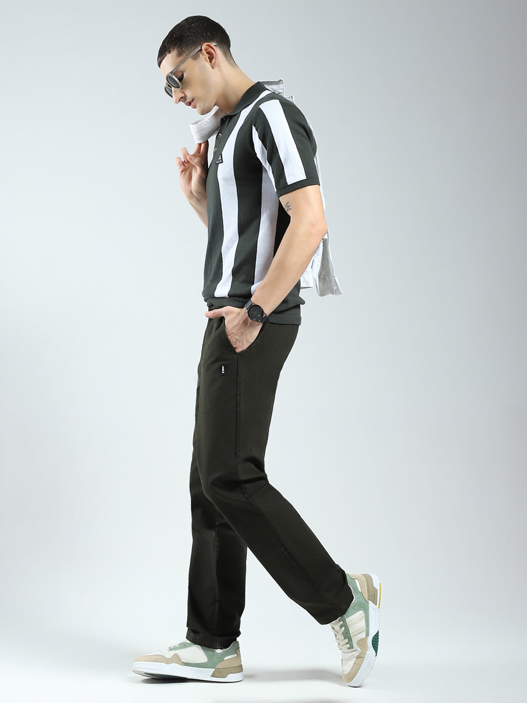 Men Olive Stripe Collar Half Sleeve T-Shirt
