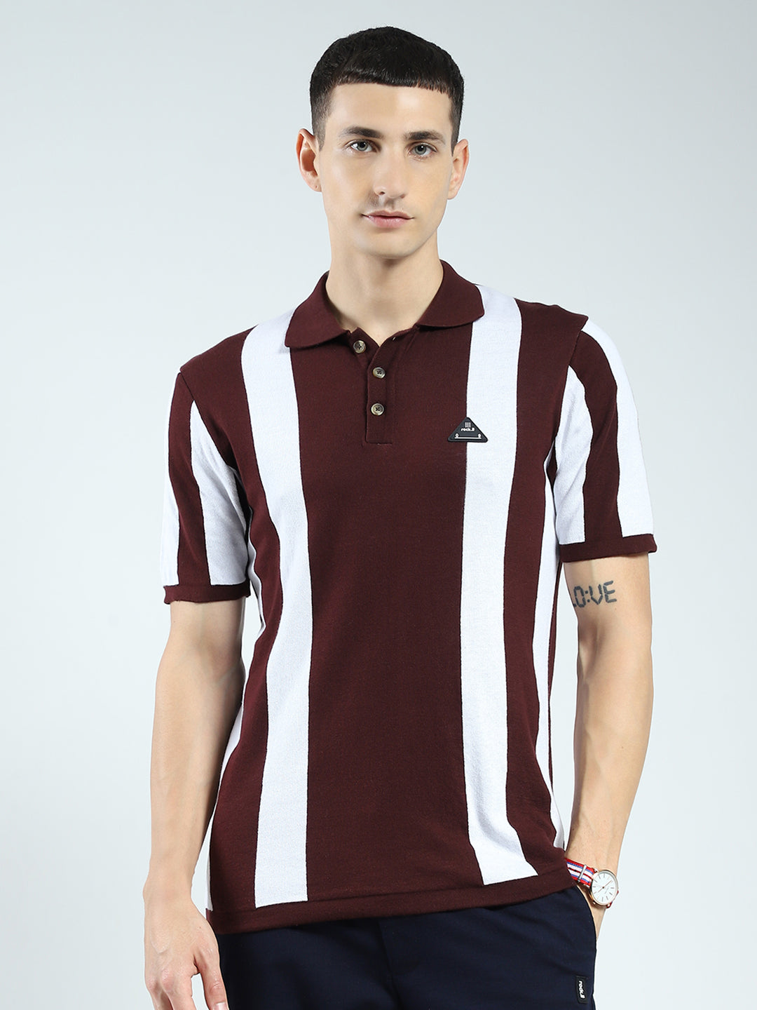 Men Maroon Stripe Collar Half Sleeve T-Shirt