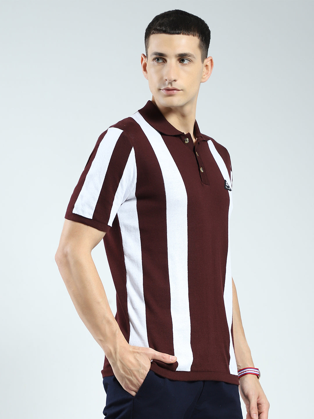 Men Maroon Stripe Collar Half Sleeve T-Shirt