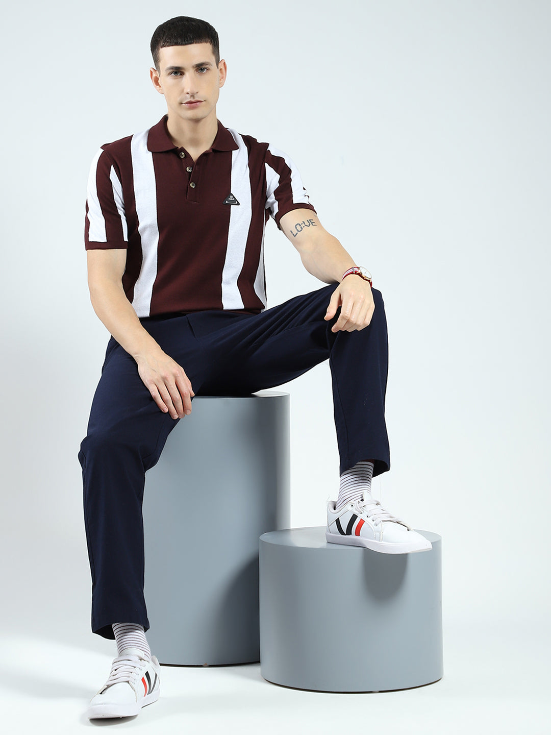 Men Maroon Stripe Collar Half Sleeve T-Shirt