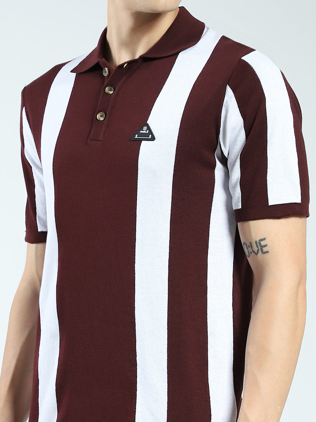 Men Maroon Stripe Collar Half Sleeve T-Shirt