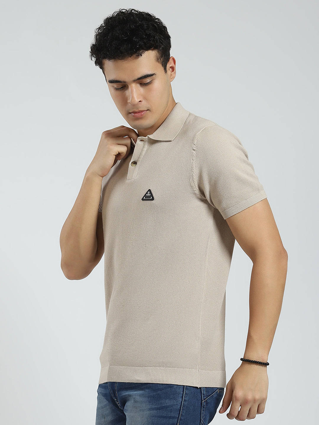 Men Beige Solid Collar Half Sleeve T-Shirt