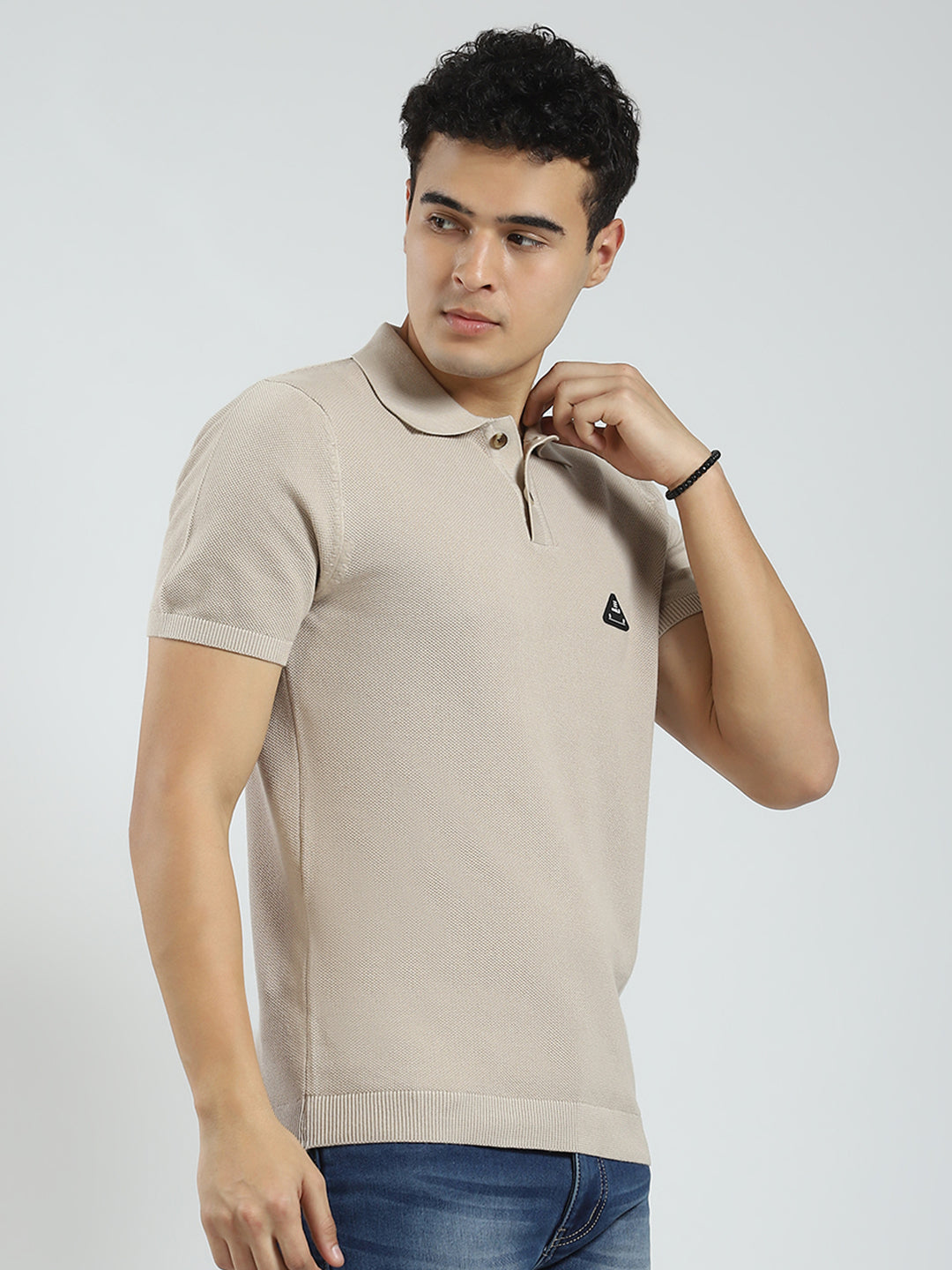 Men Beige Solid Collar Half Sleeve T-Shirt