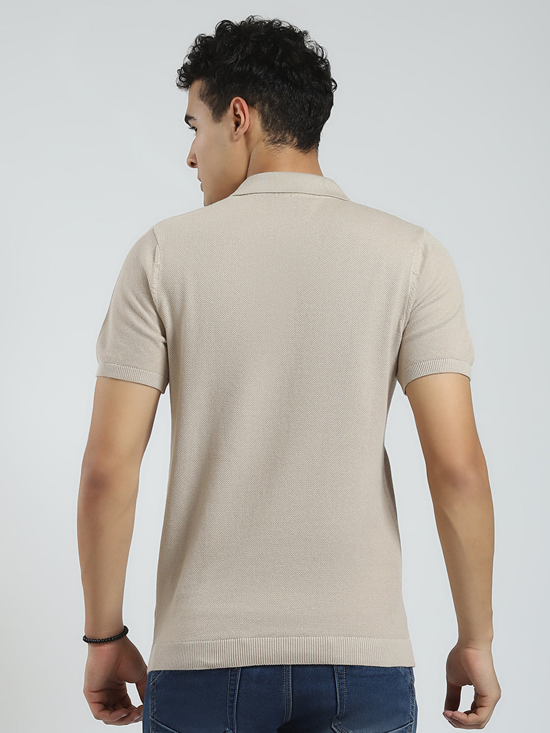 Men Beige Solid Collar Half Sleeve T-Shirt