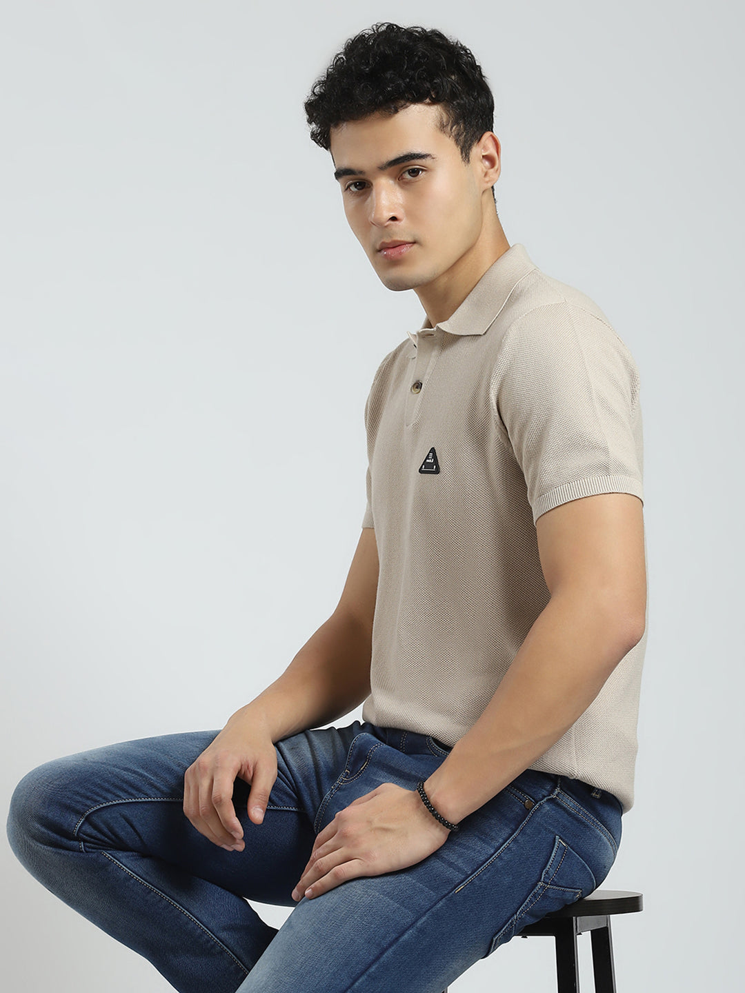 Men Beige Solid Collar Half Sleeve T-Shirt