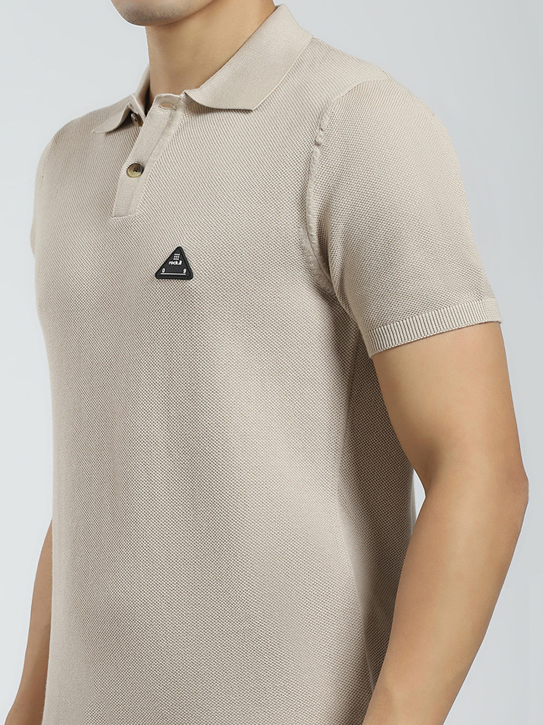 Men Beige Solid Collar Half Sleeve T-Shirt