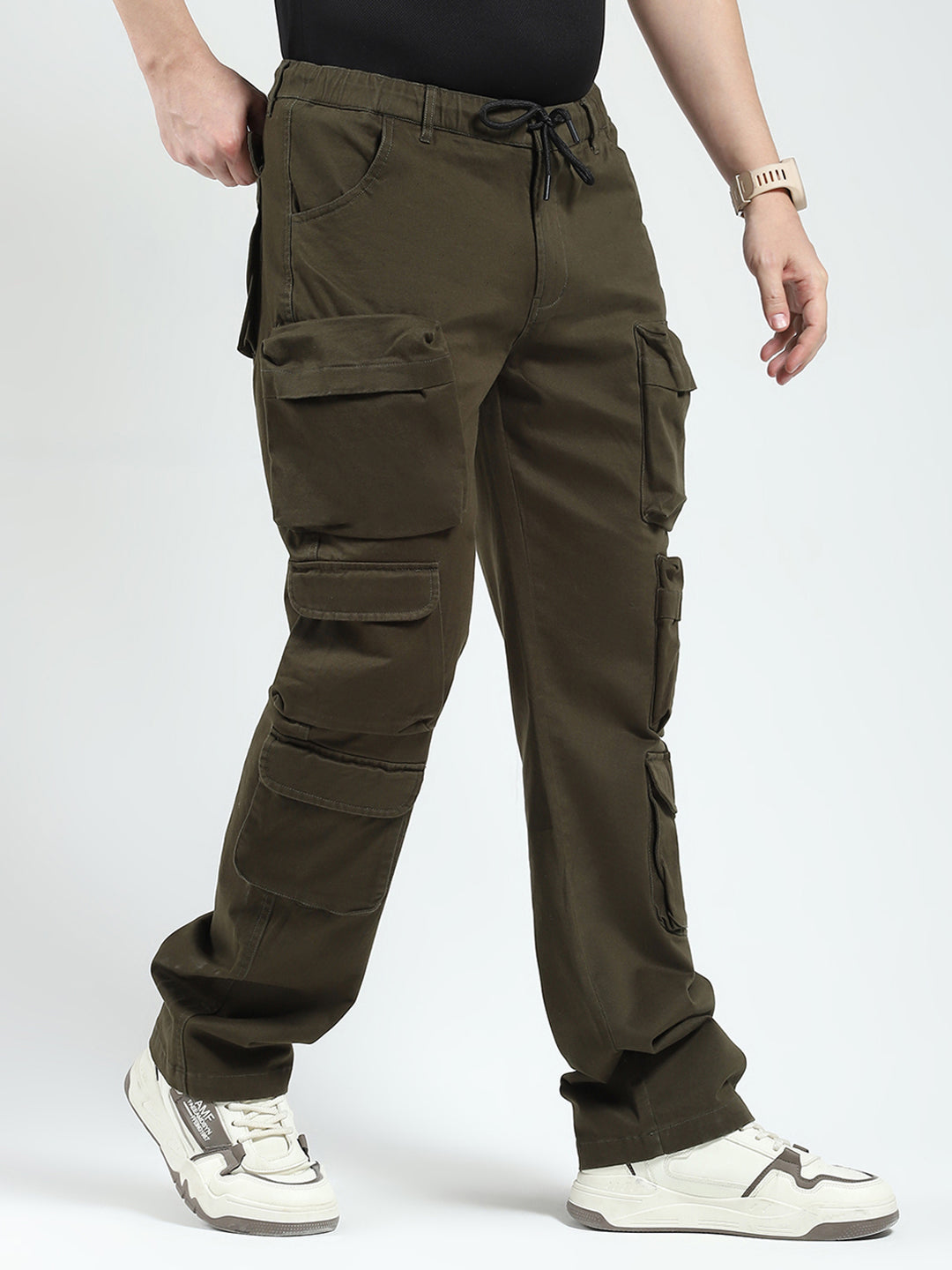 Rock.it Men Olive Solid Straight Fit Cargo