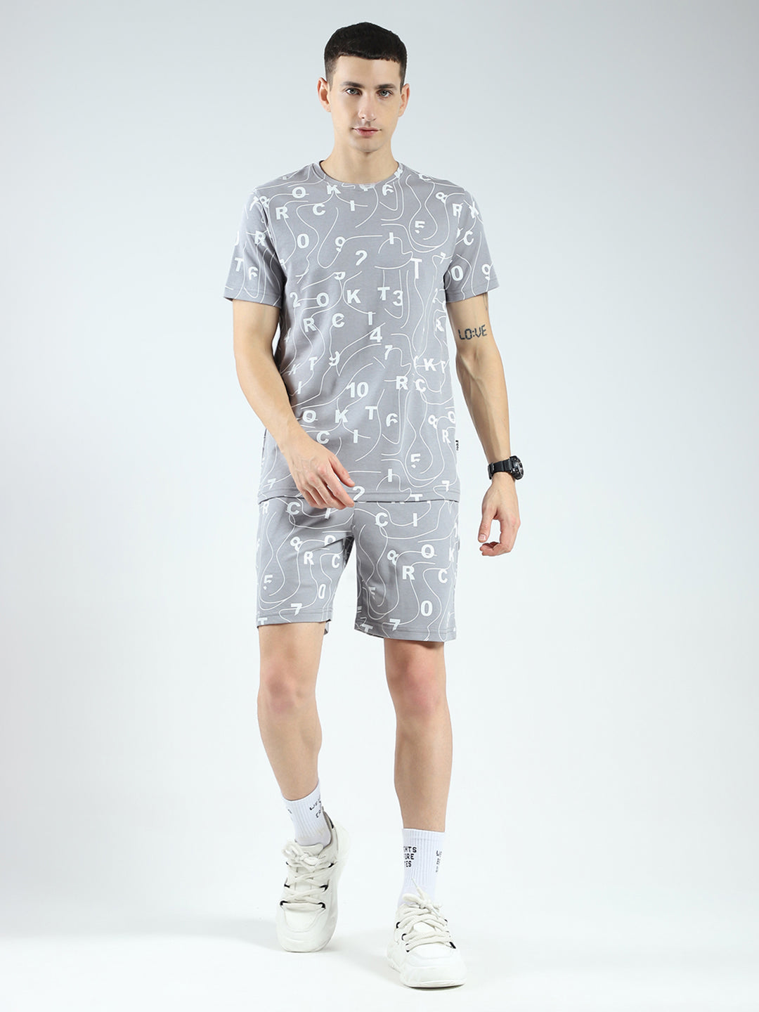 Men Grey Printed V Neck Half Sleeve Shorts Set