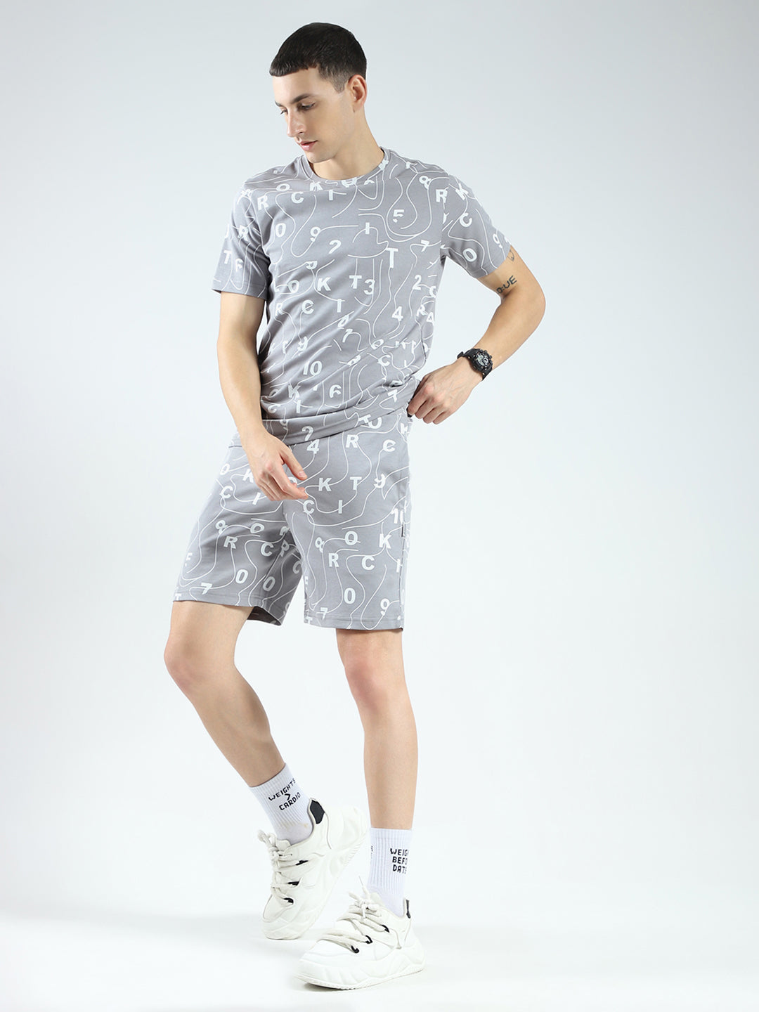 Men Grey Printed V Neck Half Sleeve Shorts Set