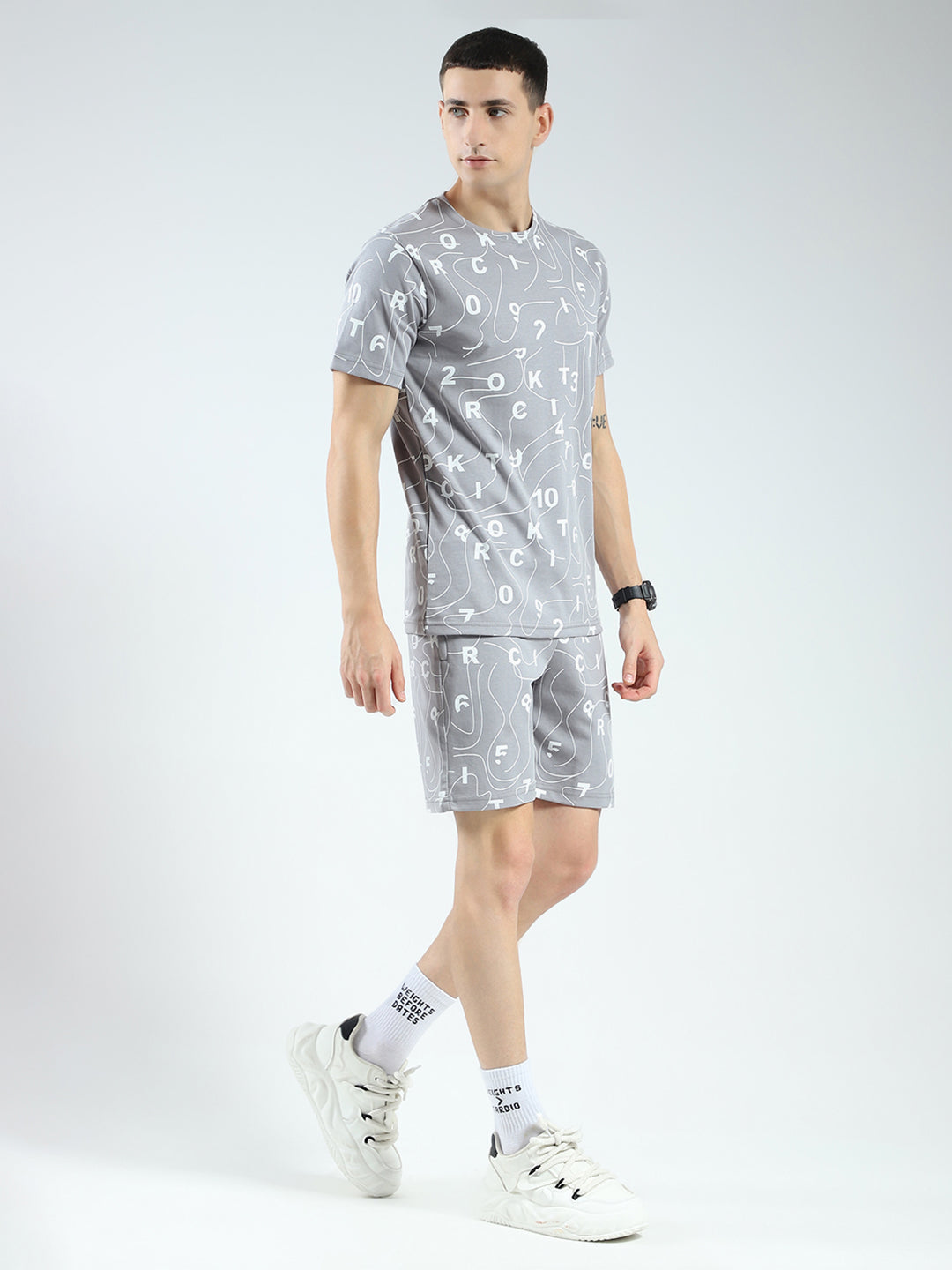 Men Grey Printed V Neck Half Sleeve Shorts Set