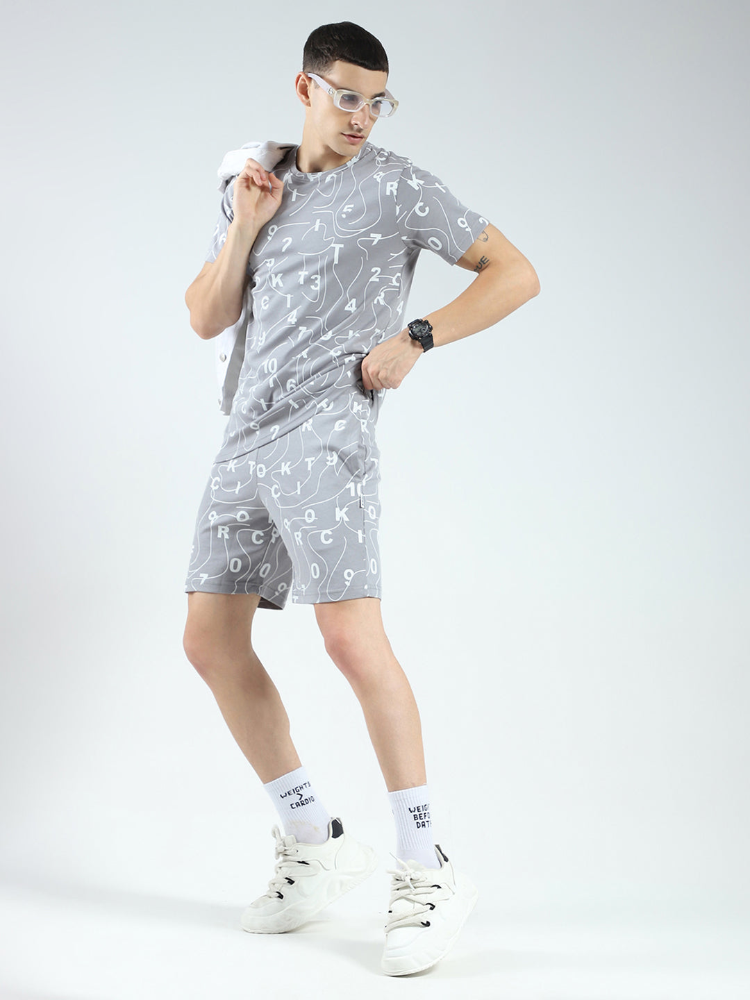 Men Grey Printed V Neck Half Sleeve Shorts Set