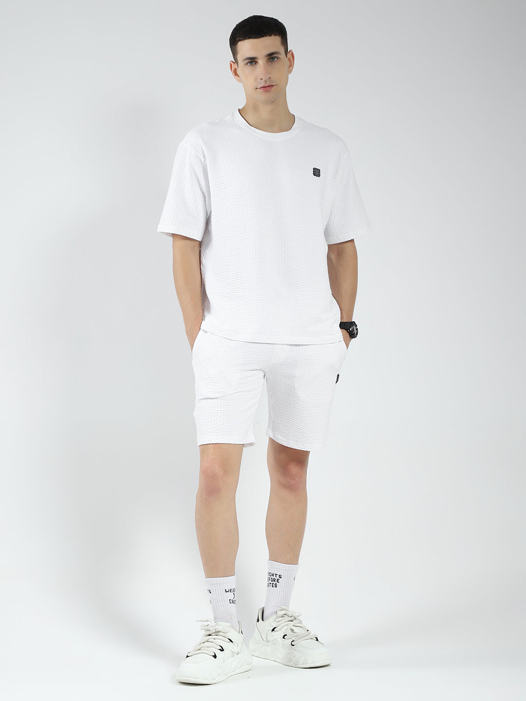 Men White Self Design V Neck Half Sleeve Shorts Set
