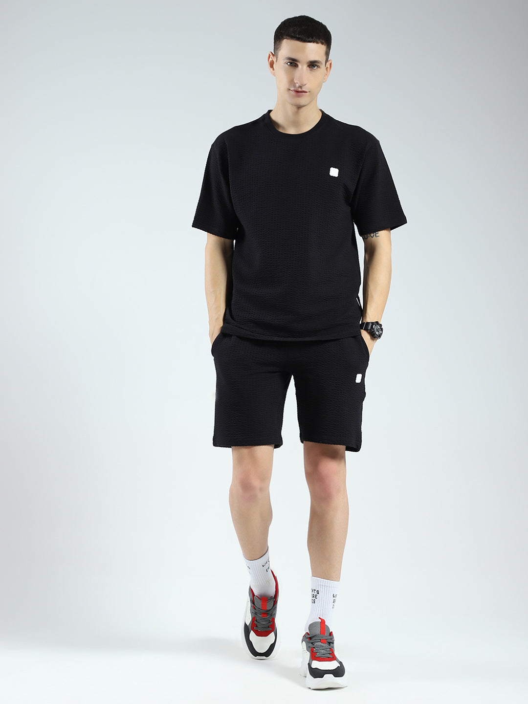 Men Black Self Design V Neck Half Sleeve Shorts Set