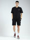 Men Black Self Design V Neck Half Sleeve Shorts Set