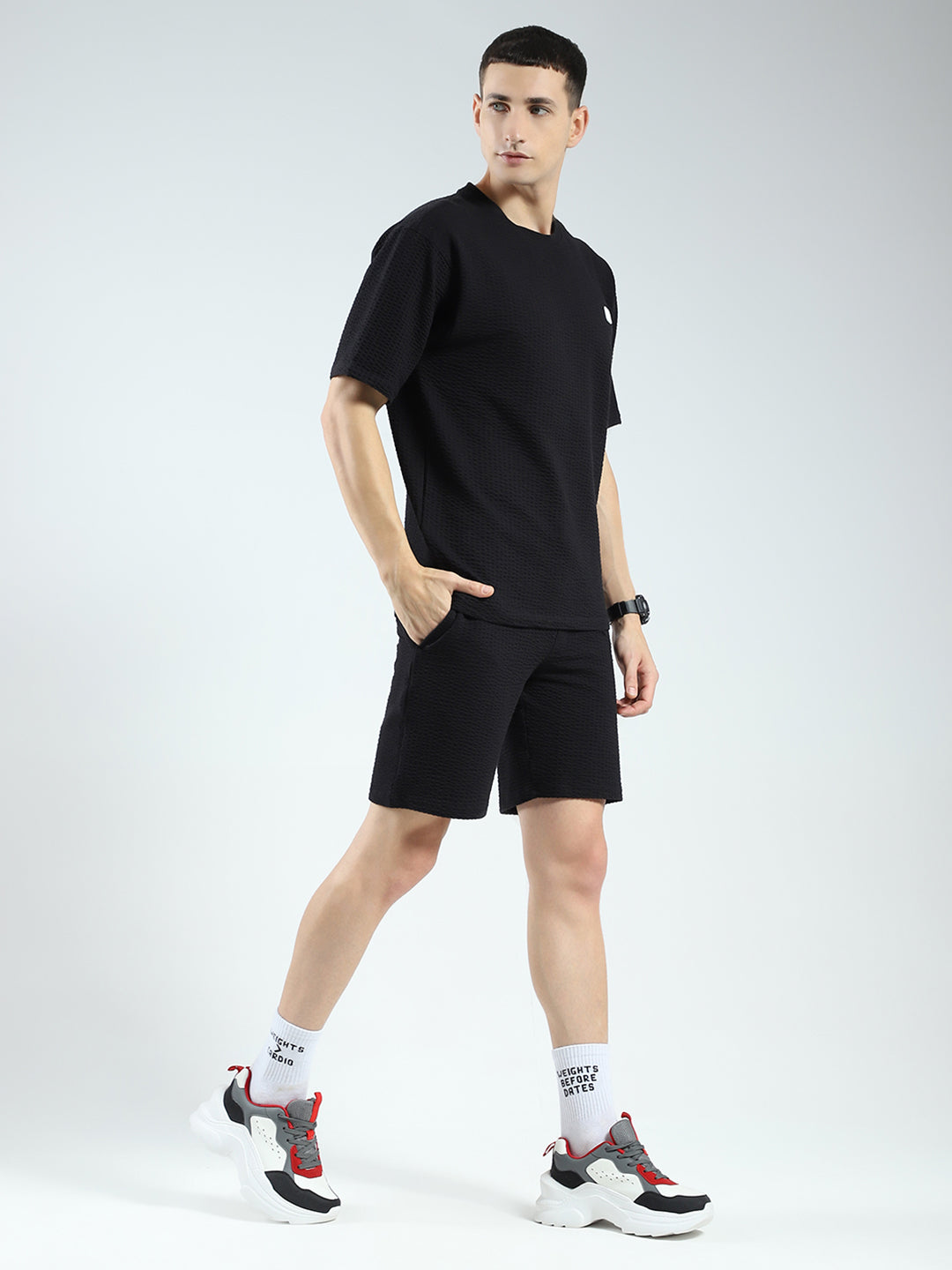Men Black Self Design V Neck Half Sleeve Shorts Set