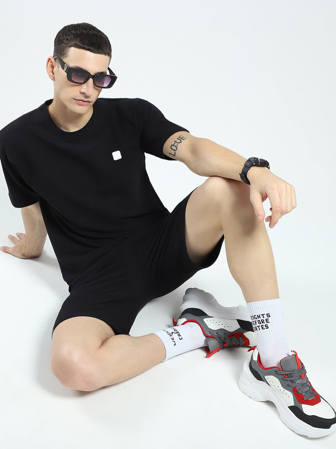 Men Black Self Design V Neck Half Sleeve Shorts Set
