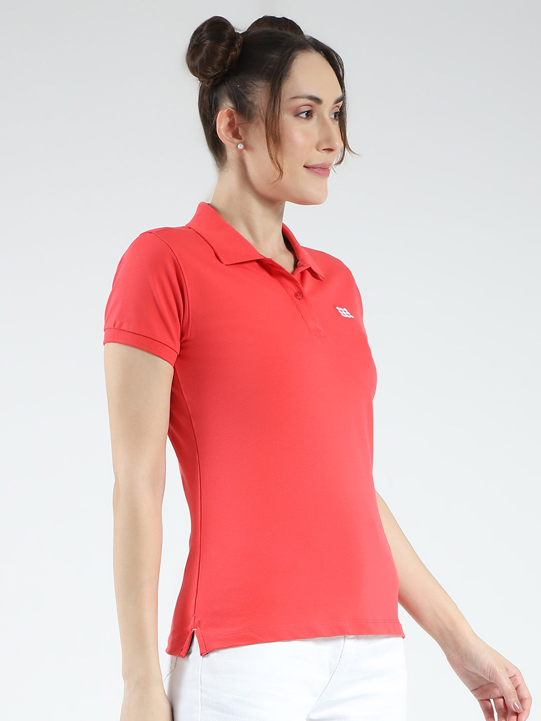 Rock.it Women Coral Solid Collar Half Sleeve T-Shirt