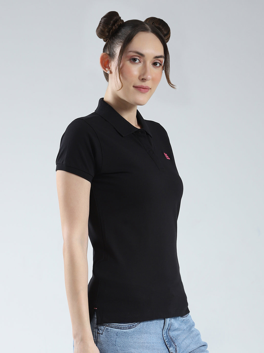 Rock.it Women Black Solid Collar Half Sleeve T-Shirt