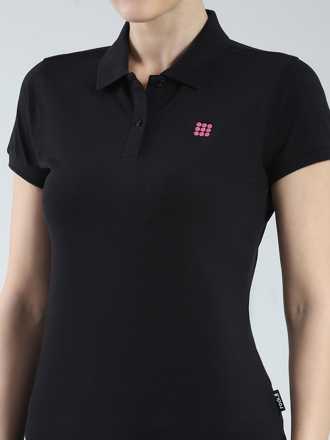 Rock.it Women Black Solid Collar Half Sleeve T-Shirt