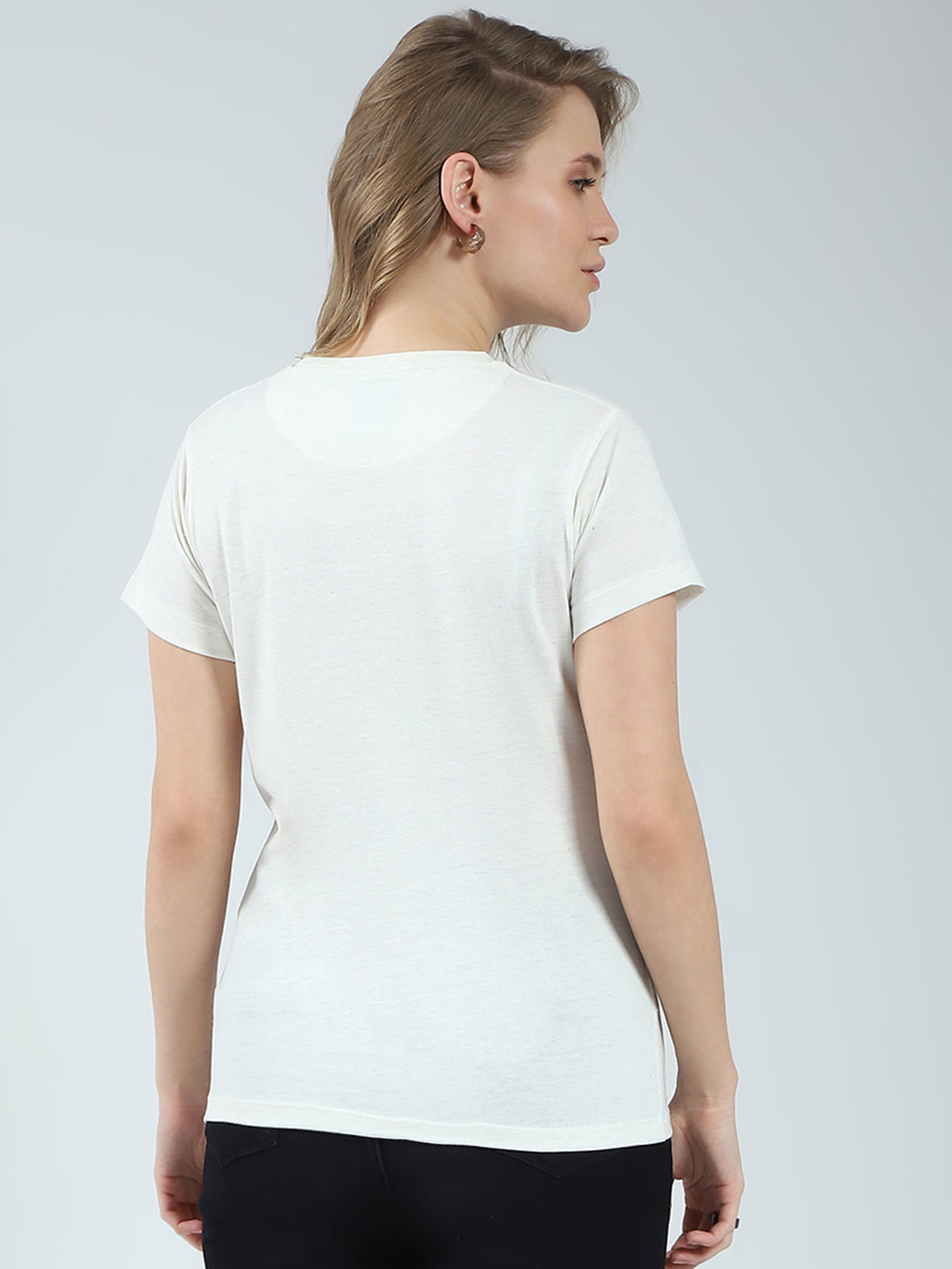 Women Off White Solid Round Neck Half Sleeve Top