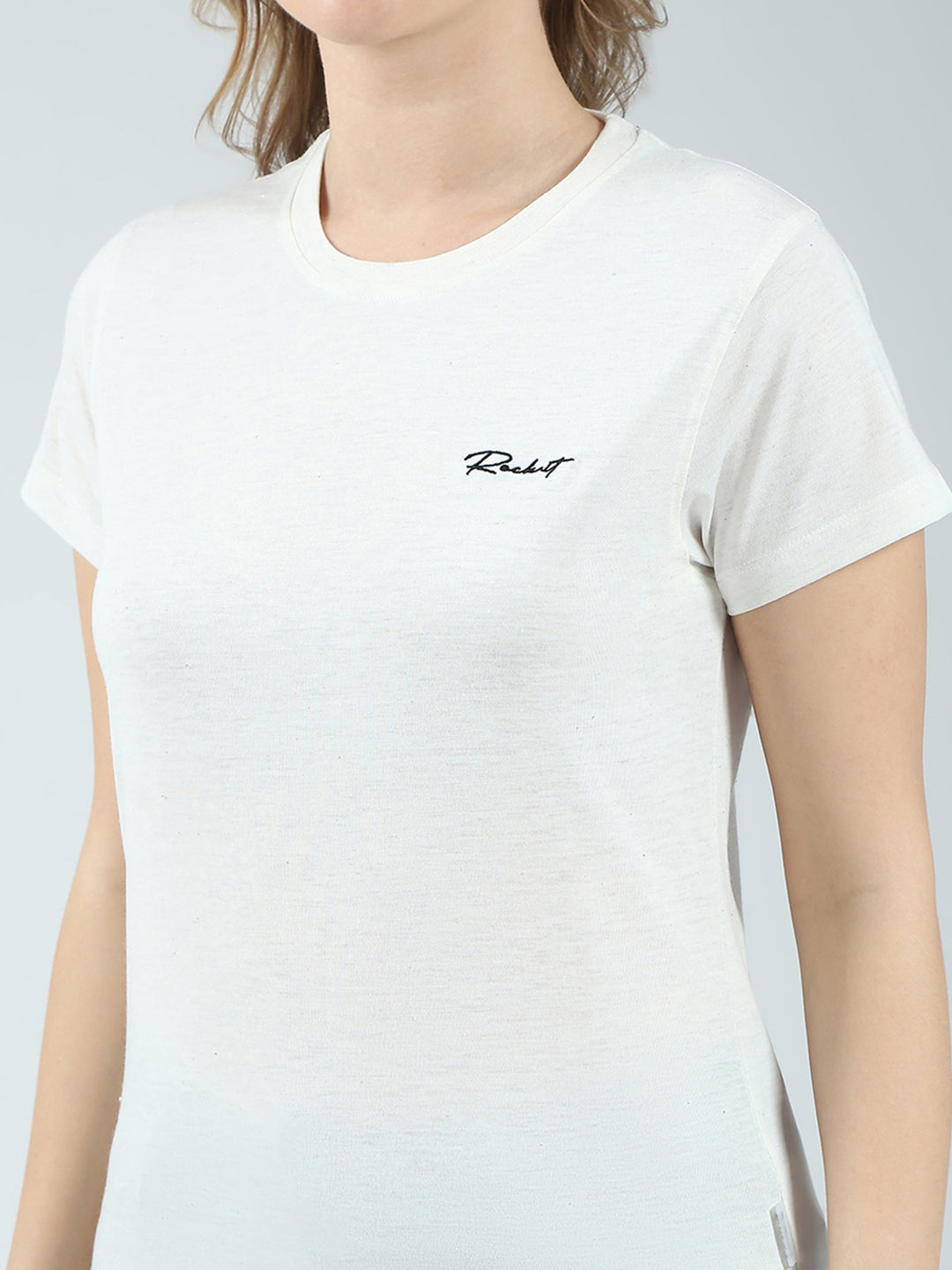 Women Off White Solid Round Neck Half Sleeve Top
