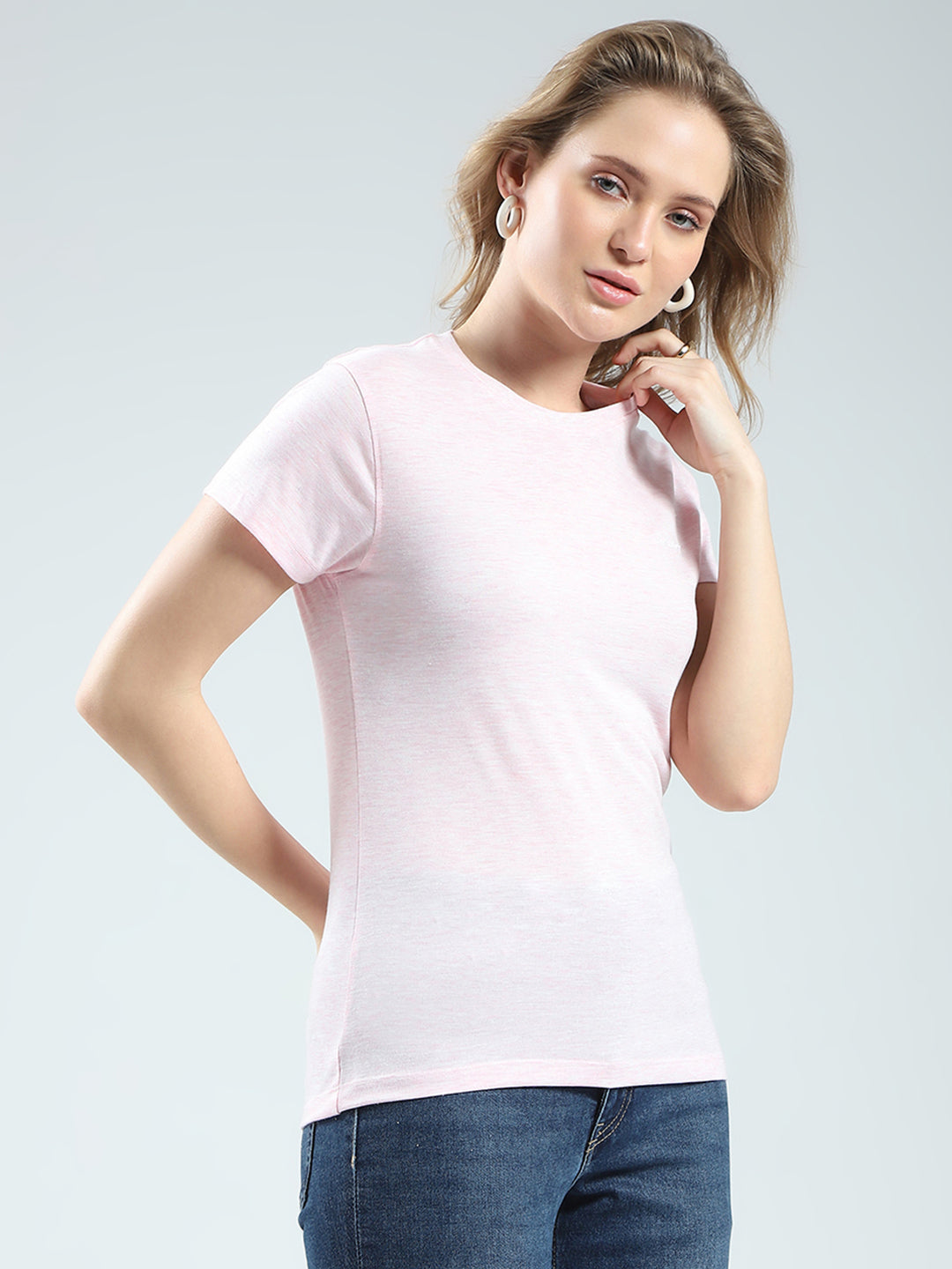 Women Pink Solid Round Neck Half Sleeve Top