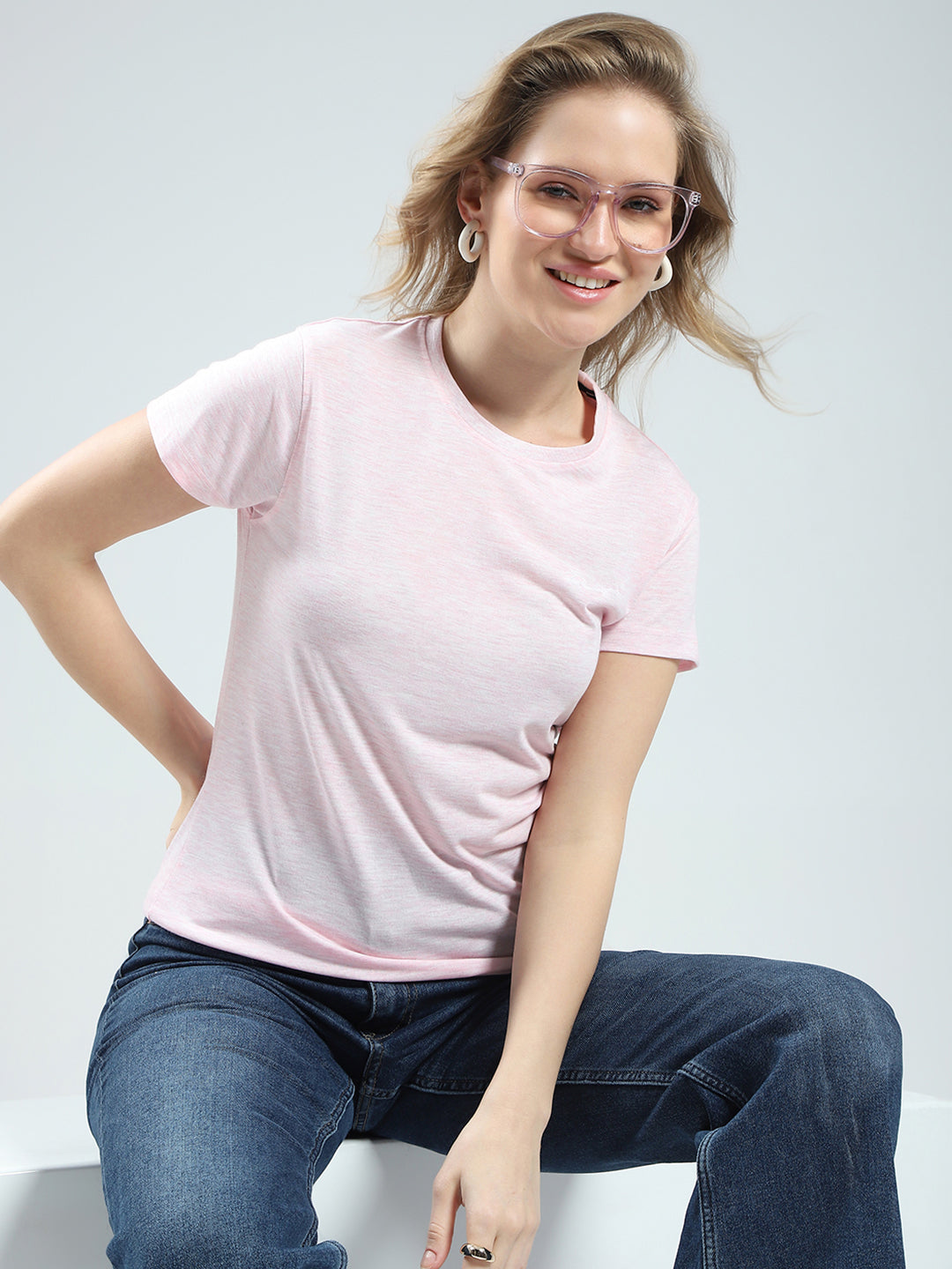 Women Pink Solid Round Neck Half Sleeve Top