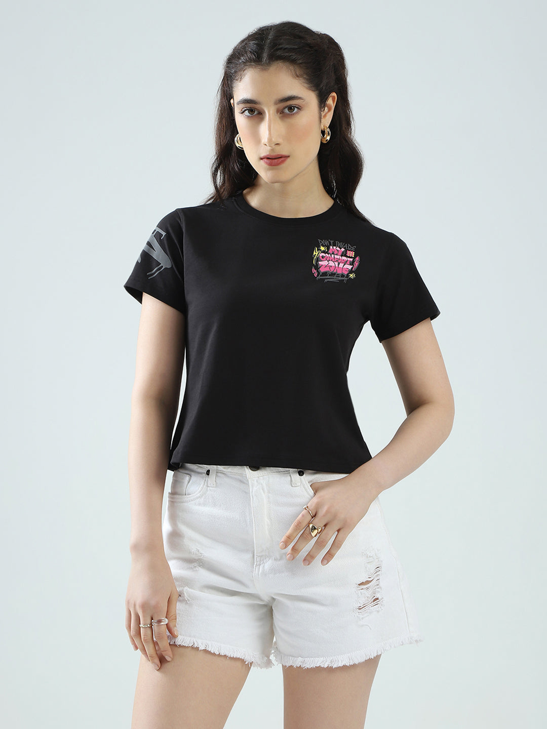 Women Black Printed Round Neck Half Sleeve Top