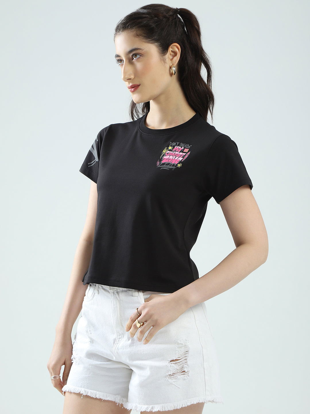 Women Black Printed Round Neck Half Sleeve Top