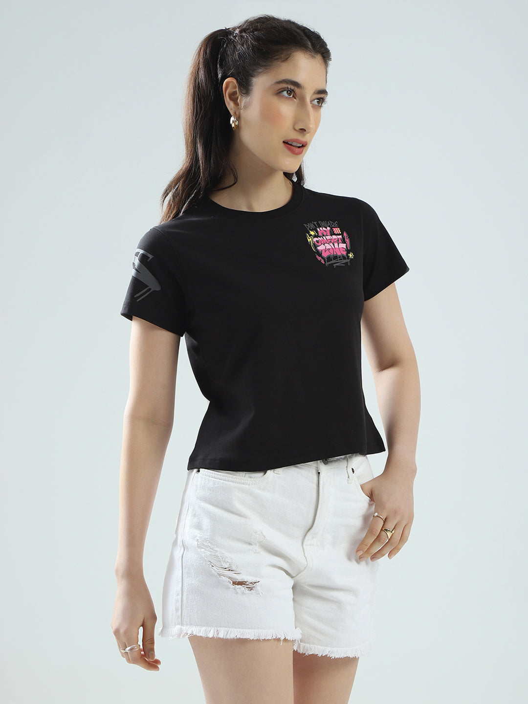 Women Black Printed Round Neck Half Sleeve Top