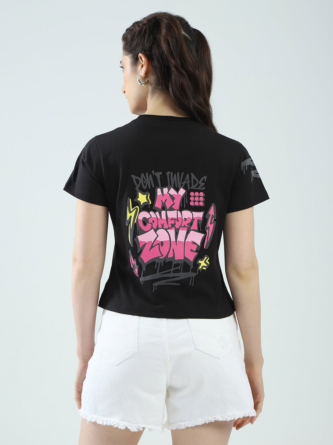 Women Black Printed Round Neck Half Sleeve Top