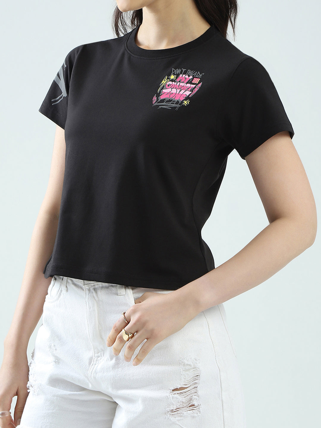 Women Black Printed Round Neck Half Sleeve Top